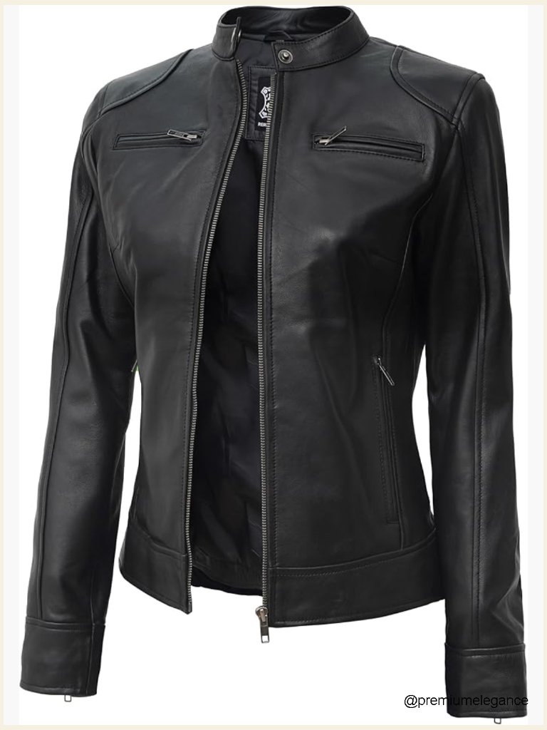 Women's Cafe Racer Lambskin Leather Jacket With Zip Pockets
